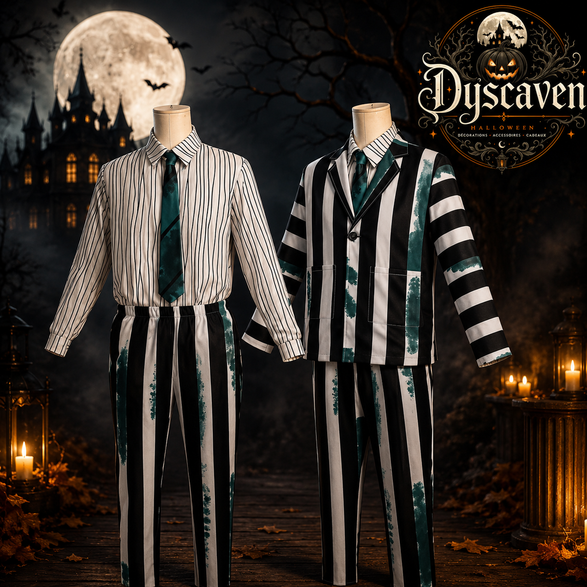 Costume homme à rayures noir et blanc avec perruque, tenue cosplay horreur adulte pour Halloween, carnaval et fête costumée
