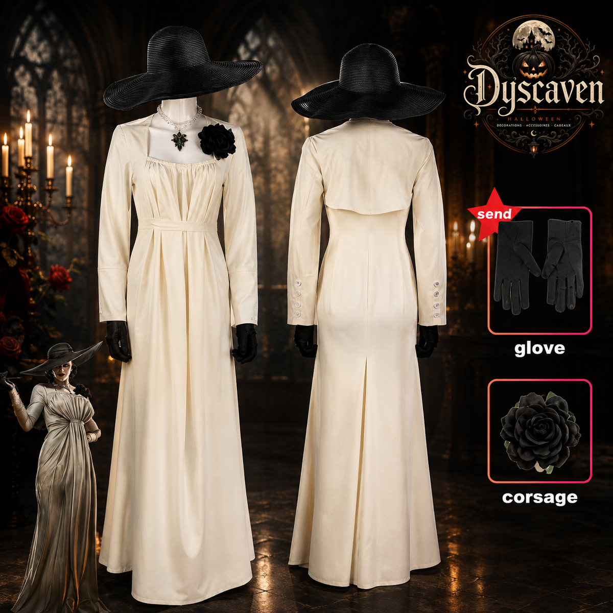 Robe longue cosplay gothique femme style vampire Village, costume Halloween noir ou ivoire pour scène, fête et convention