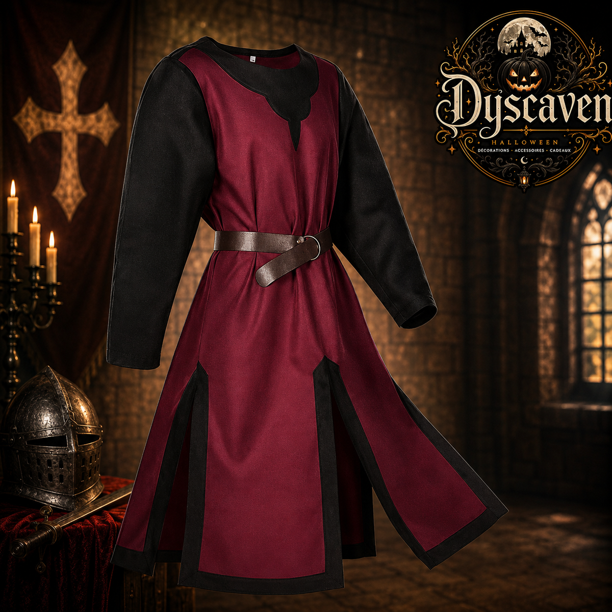 Tunique médiévale homme style chevalier croisé, surchemise Renaissance blanche et rouge, costume cosplay Halloween et LARP