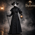 Costume médecin de peste médiéval homme, robe noire à capuche avec masque et chapeau, cosplay Halloween steampunk jusqu’au 5XL
