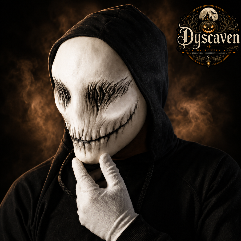 Masque d’horreur blanc en latex, visage fin au sourire inquiétant, accessoire de cosplay et déguisement Halloween