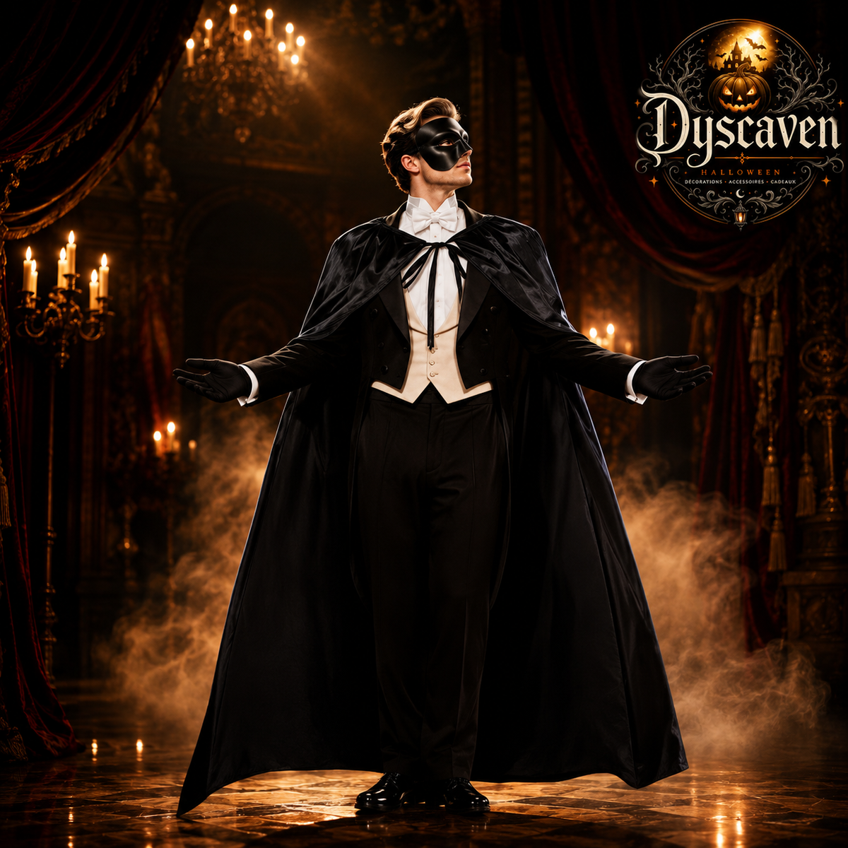 Kit costume fantôme homme avec cape noire, demi-masque, gants et nœud papillon, déguisement Halloween et cosplay