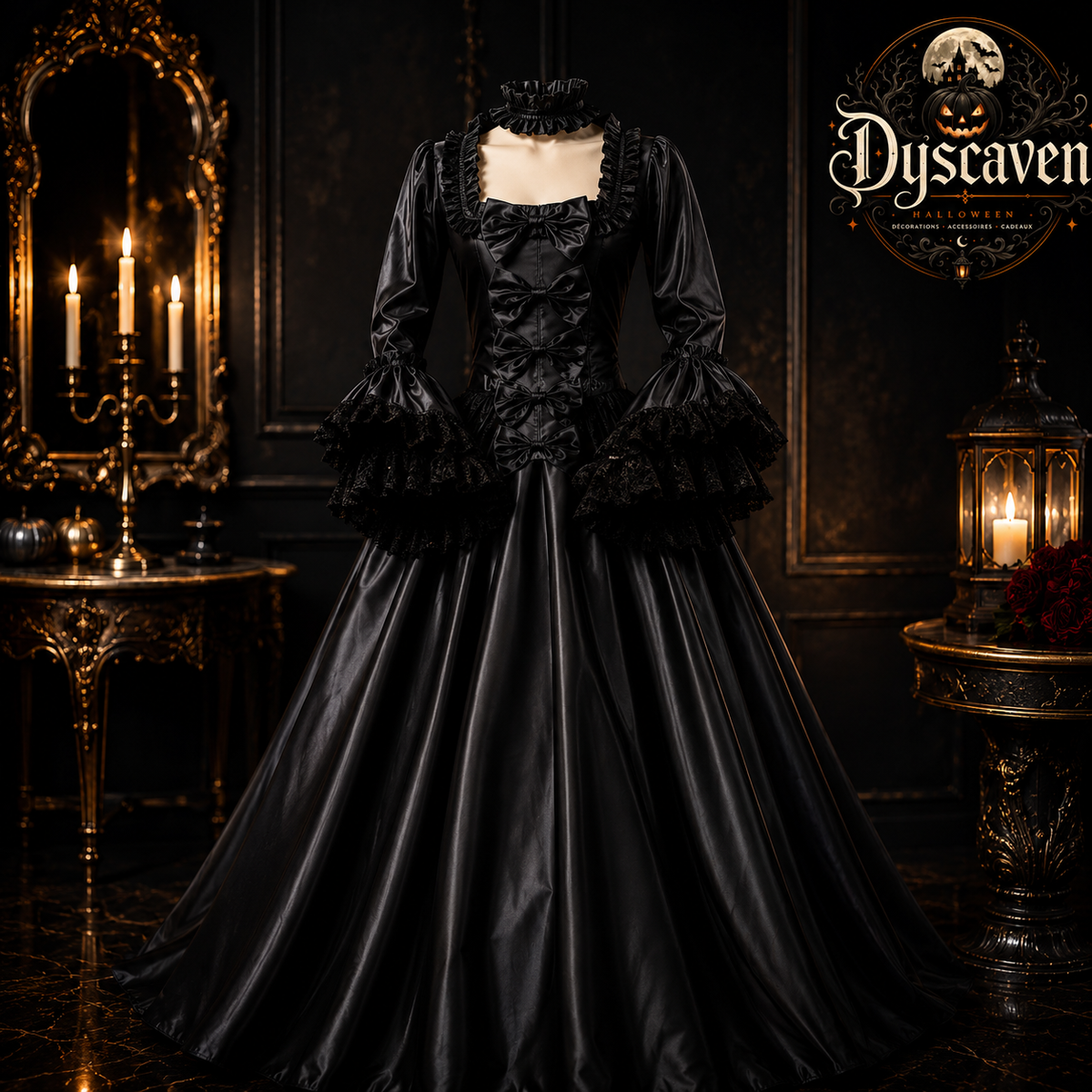 Robe gothique victorienne longue femme, tenue vampire bordeaux et noire, corsage orné et jupe ample pour Halloween