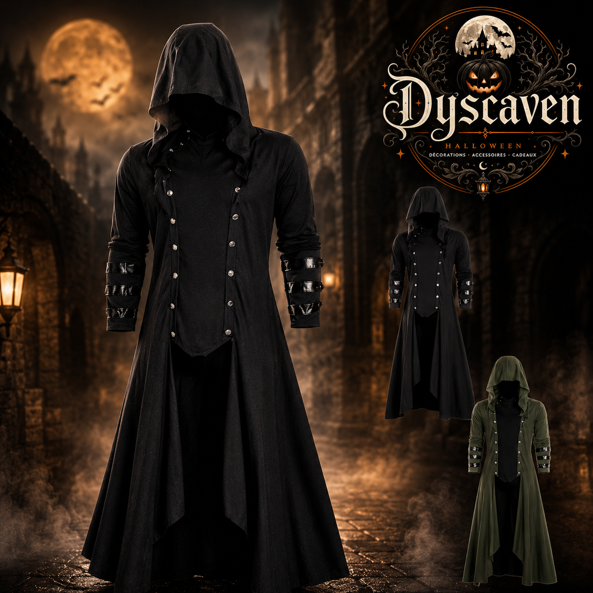 Manteau gothique long à capuche unisexe, style victorien steampunk vampire, costume cosplay noir pour Halloween