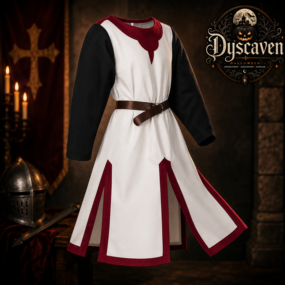 Tunique médiévale homme style chevalier croisé, surchemise Renaissance blanche et rouge, costume cosplay Halloween et LARP