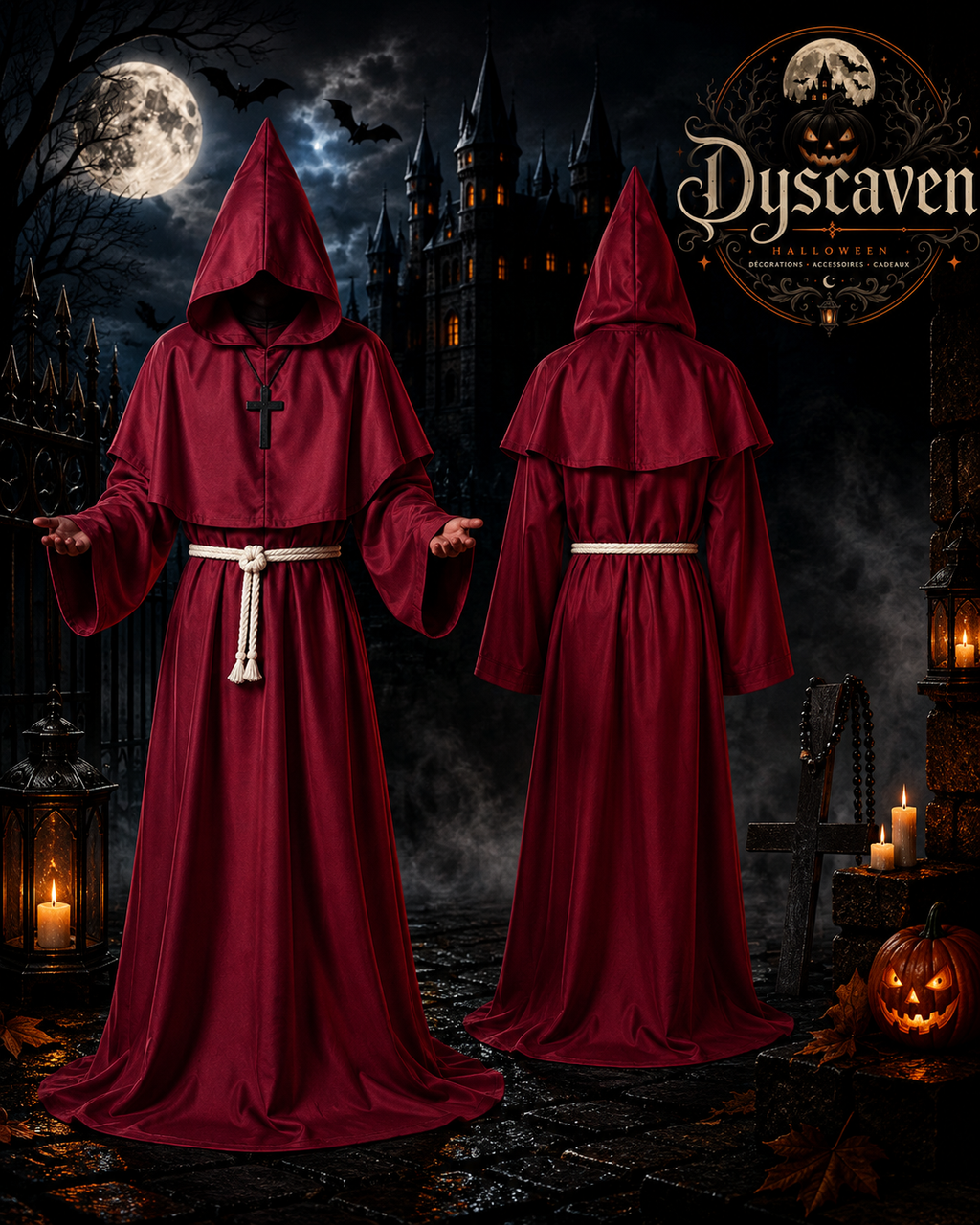 Tenue complète de moine médiéval à capuche avec corde et croix, costume sorcier chevalier cosplay Halloween adulte ado