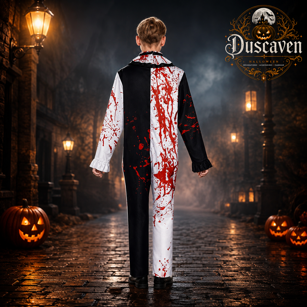 Costume cosplay clown tueur adulte, ensemble complet noir et blanc avec masque, tenue Halloween style horreur