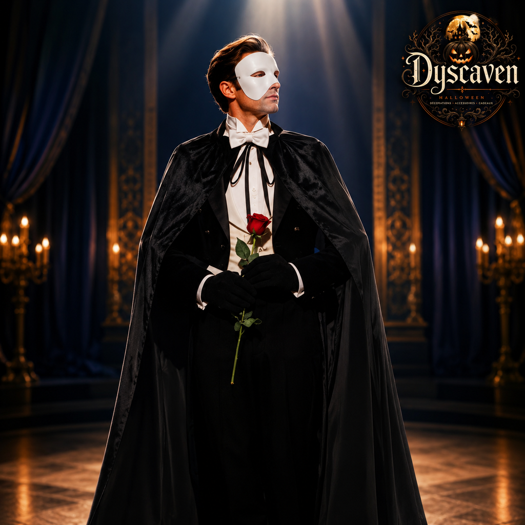 Kit costume fantôme homme avec cape noire, demi-masque, gants et nœud papillon, déguisement Halloween et cosplay