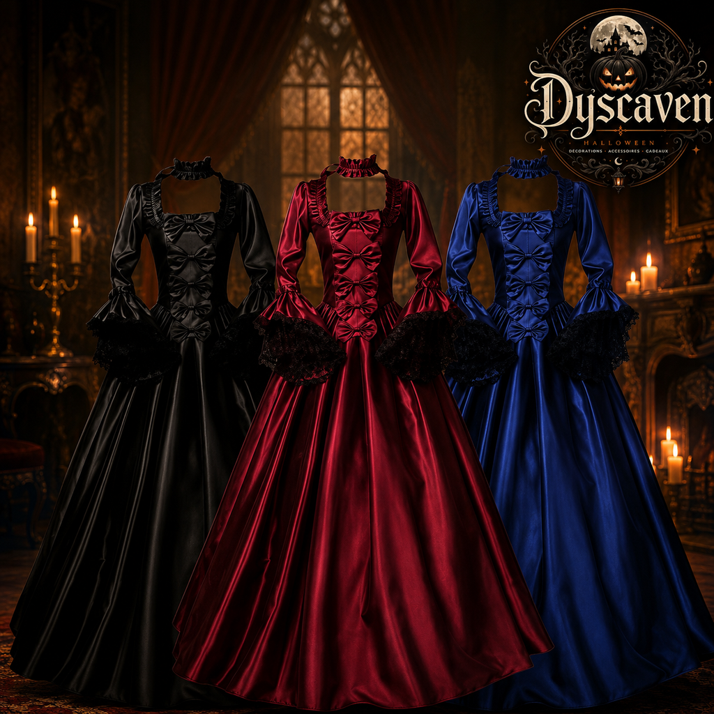 Robe gothique victorienne longue femme, tenue vampire bordeaux et noire, corsage orné et jupe ample pour Halloween