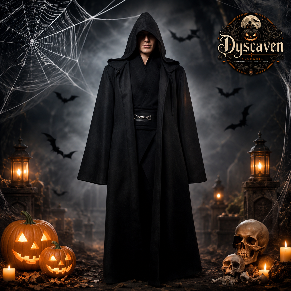 Cape noire de guerrier adulte à capuche, robe de vampire unisexe, costume de cosplay Halloween, Noël et fête costumée