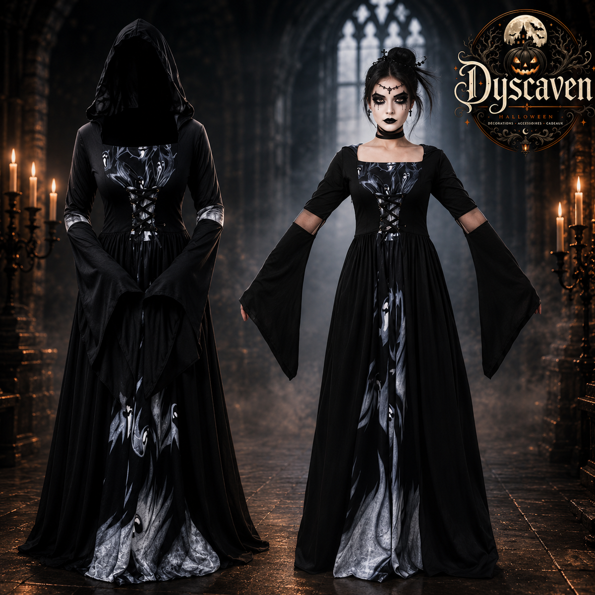 Robe gothique noire longue à capuche femme, corsage orné et manches évasées, costume sorcière vampire Halloween