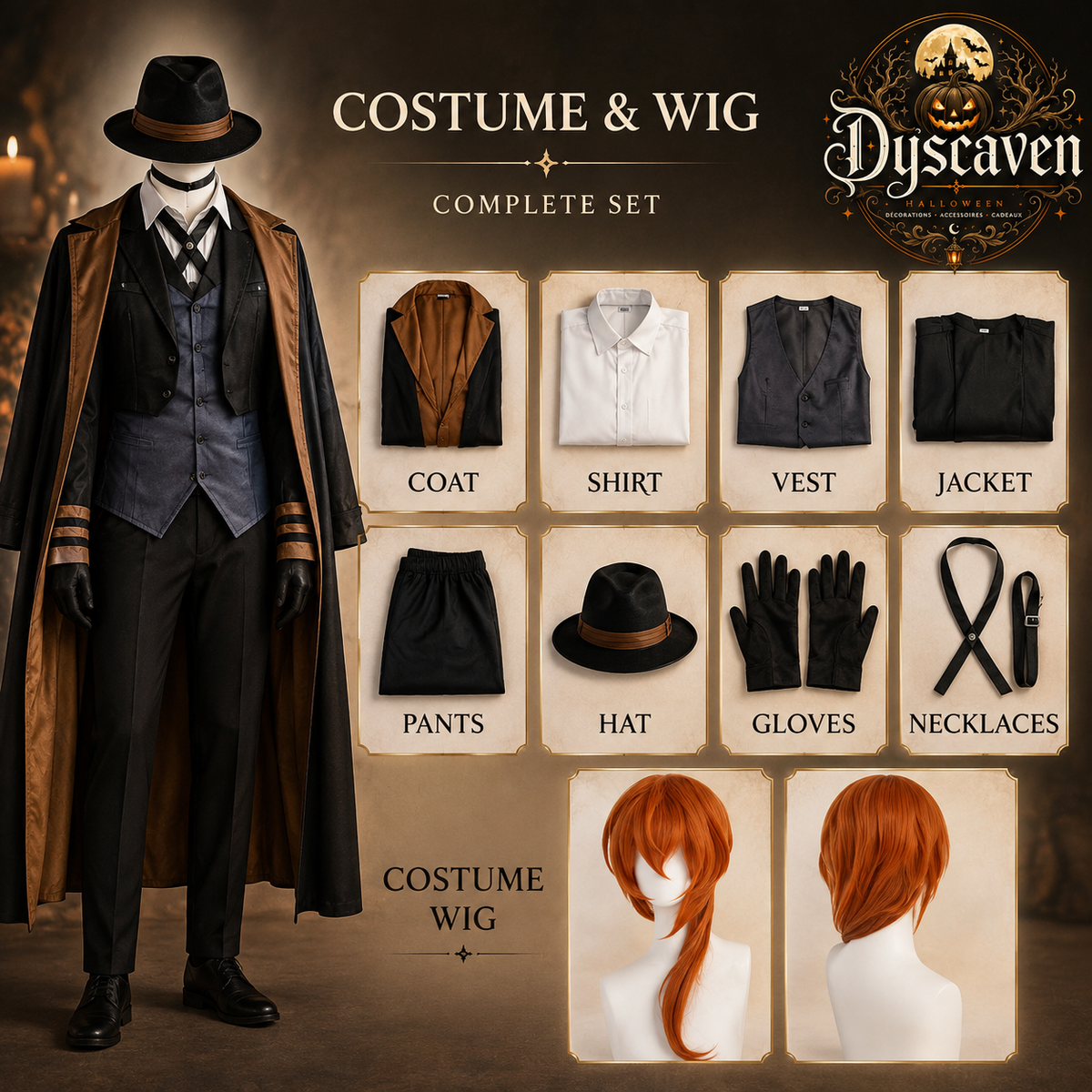 Costume cosplay homme inspiré de Nakahara Chuuya, chapeau, uniforme, trench-coat et pantalon, grande taille, Halloween