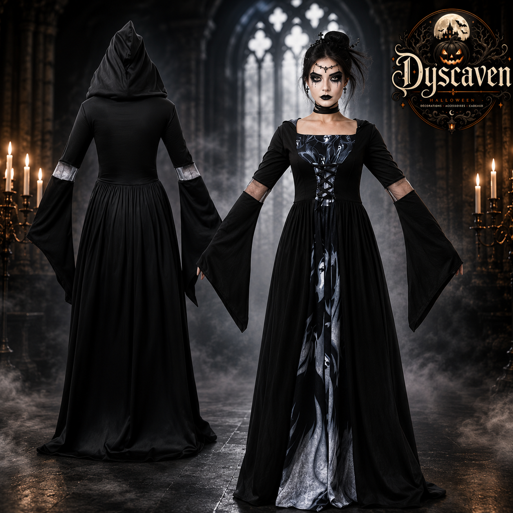 Robe gothique noire longue à capuche femme, corsage orné et manches évasées, costume sorcière vampire Halloween