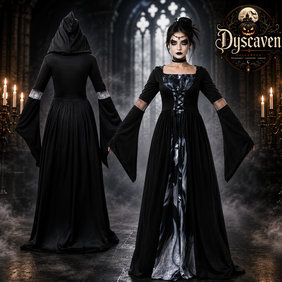 Robe gothique noire longue à capuche femme, corsage orné et manches évasées, costume sorcière vampire Halloween