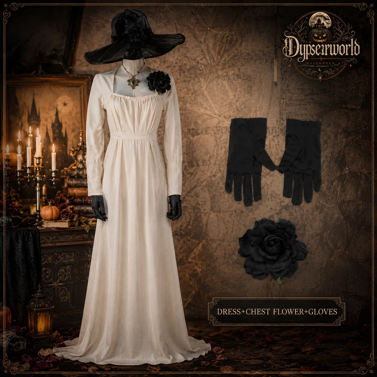 Robe longue cosplay gothique femme style vampire Village, costume Halloween noir ou ivoire pour scène, fête et convention