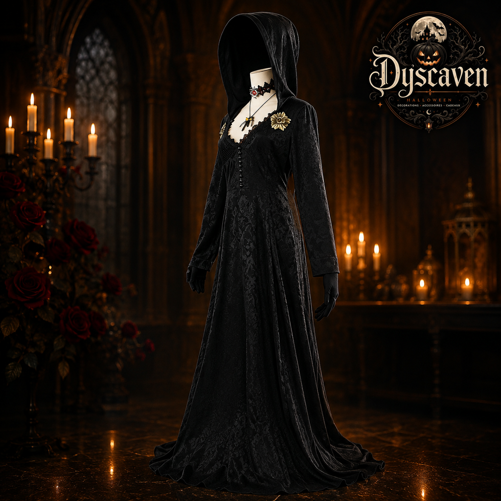Robe longue cosplay gothique femme style vampire Village, costume Halloween noir ou ivoire pour scène, fête et convention