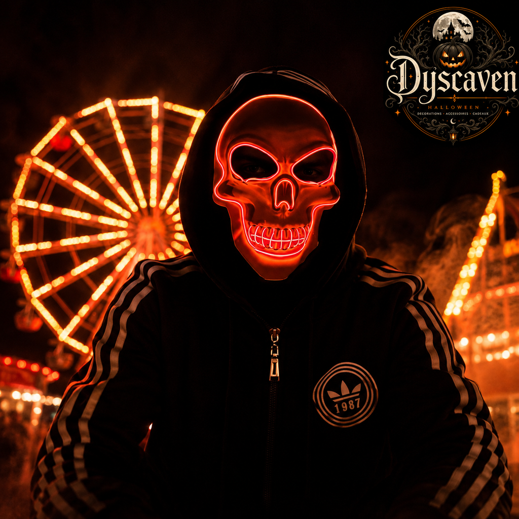 Masque crâne LED Halloween lumineux, masque cosplay d’horreur néon pour fête, déguisement et décoration