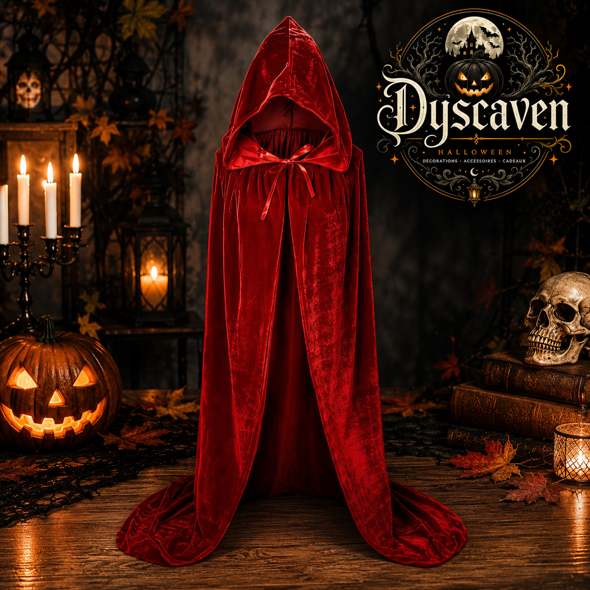 Cape longue en velours noir à capuche, costume médiéval unisexe de sorcière, magicien pour Halloween et Noël