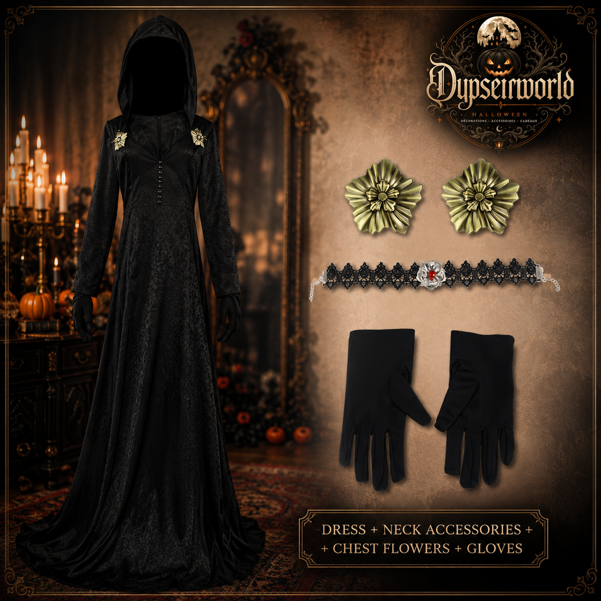 Robe longue cosplay gothique femme style vampire Village, costume Halloween noir ou ivoire pour scène, fête et convention