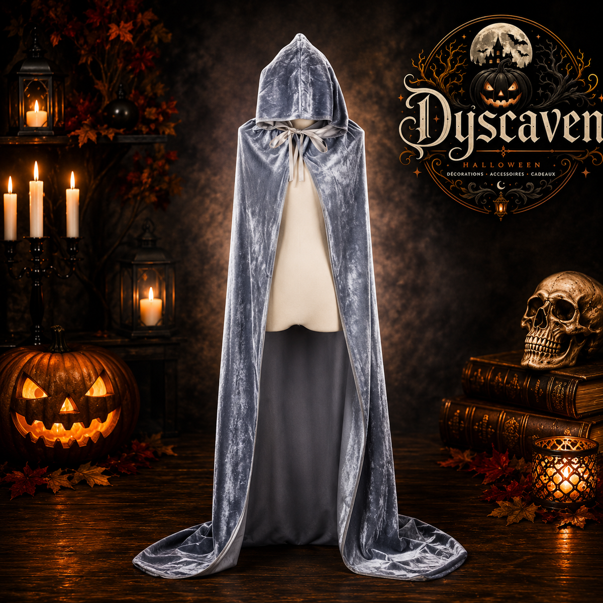 Cape longue en velours noir à capuche, costume médiéval unisexe de sorcière, magicien pour Halloween et Noël