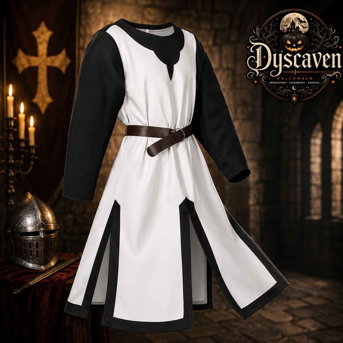 Tunique médiévale homme style chevalier croisé, surchemise Renaissance blanche et rouge, costume cosplay Halloween et LARP