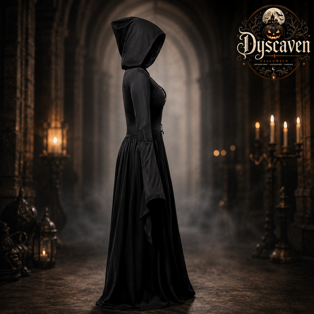 Robe gothique noire longue à capuche femme, corsage orné et manches évasées, costume sorcière vampire Halloween