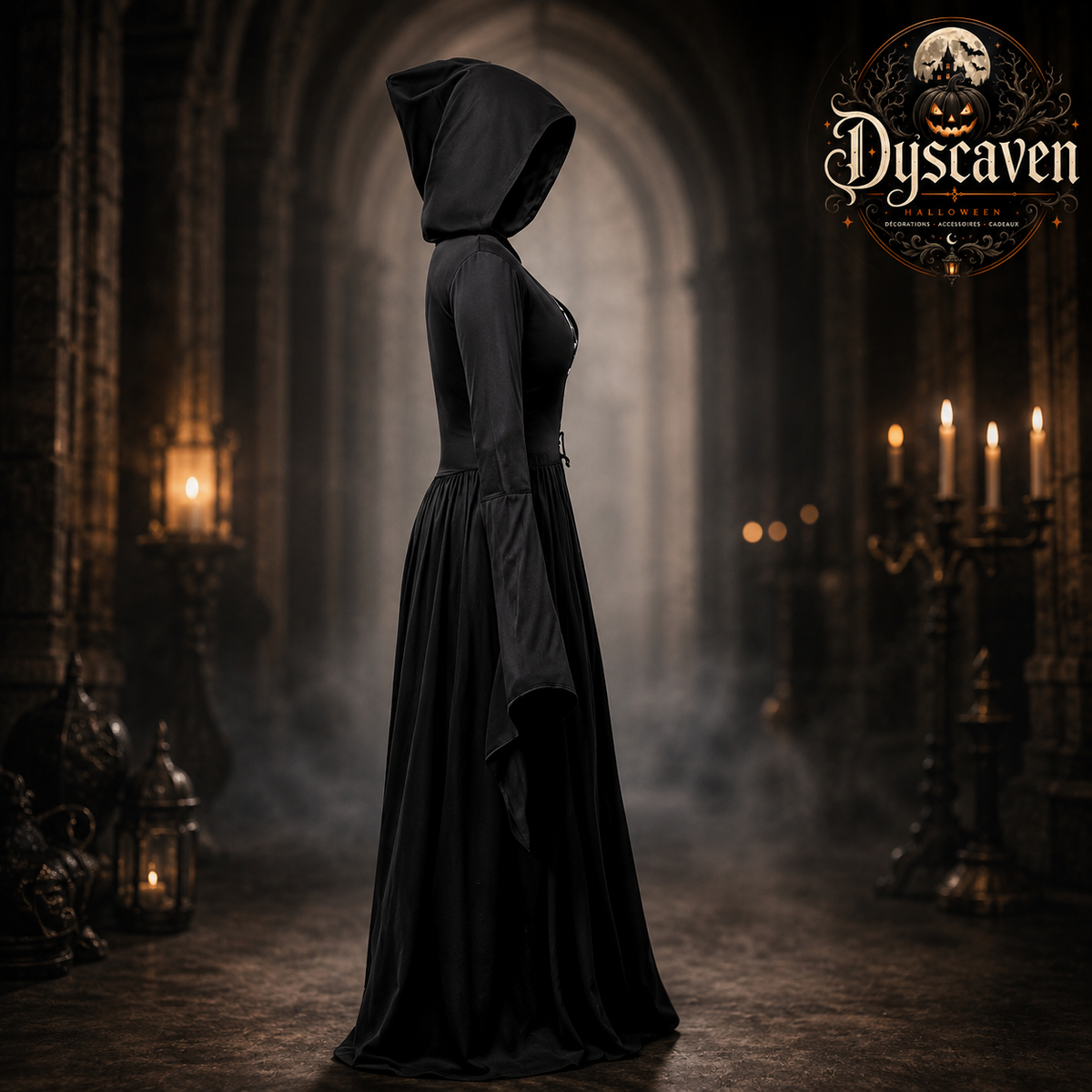 Robe gothique noire longue à capuche femme, corsage orné et manches évasées, costume sorcière vampire Halloween