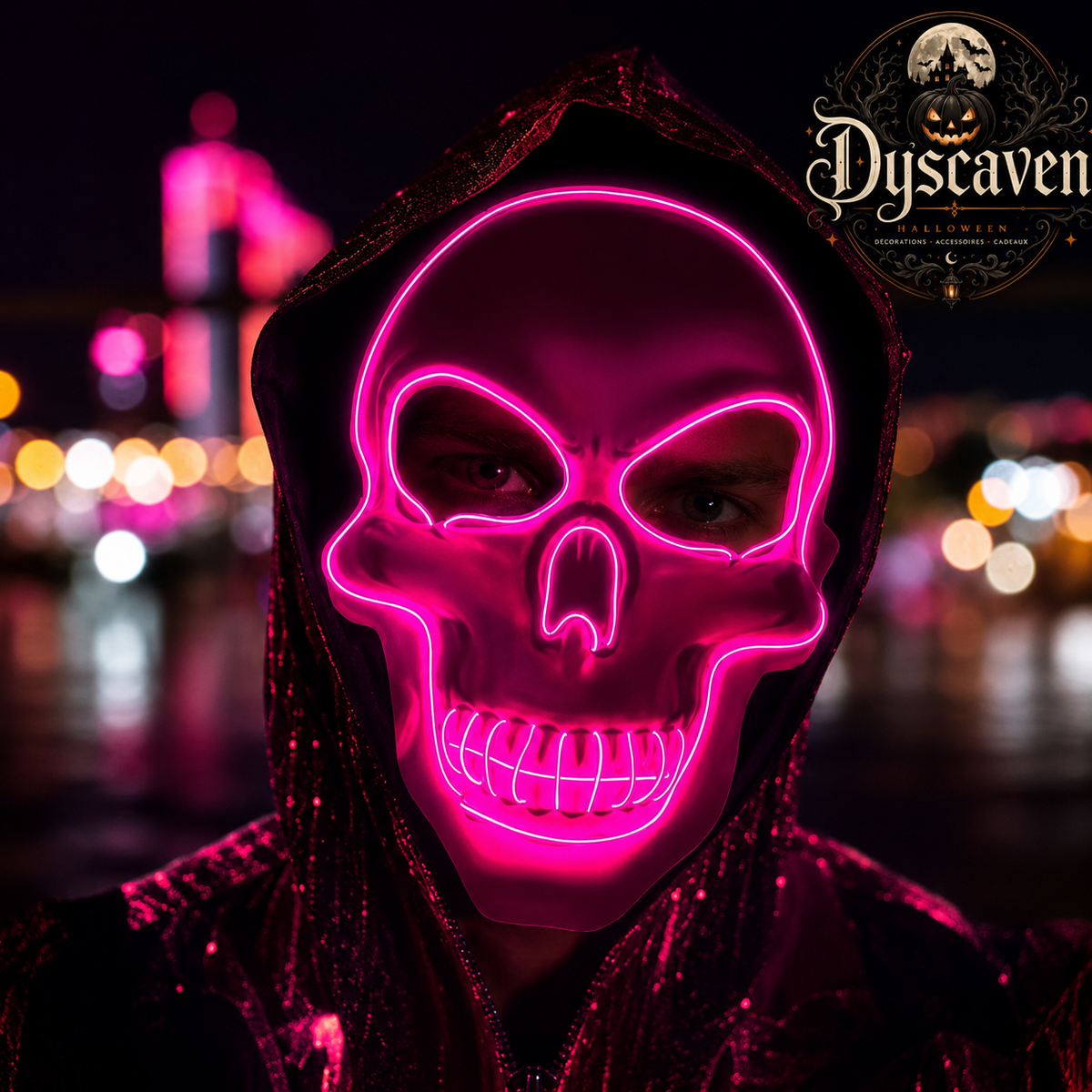 Masque crâne LED Halloween lumineux, masque cosplay d’horreur néon pour fête, déguisement et décoration