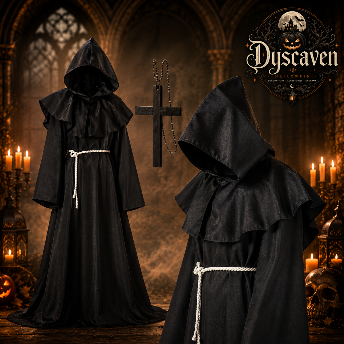 Tenue complète de moine médiéval à capuche avec corde et croix, costume sorcier chevalier cosplay Halloween adulte ado