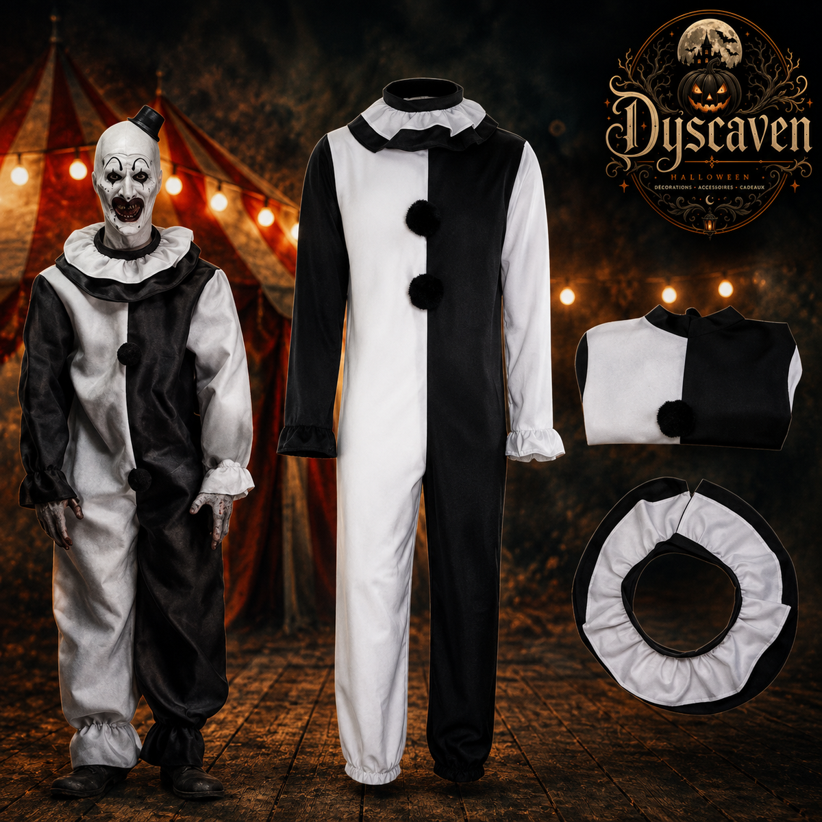 Costume cosplay clown tueur adulte, ensemble complet noir et blanc avec masque, tenue Halloween style horreur