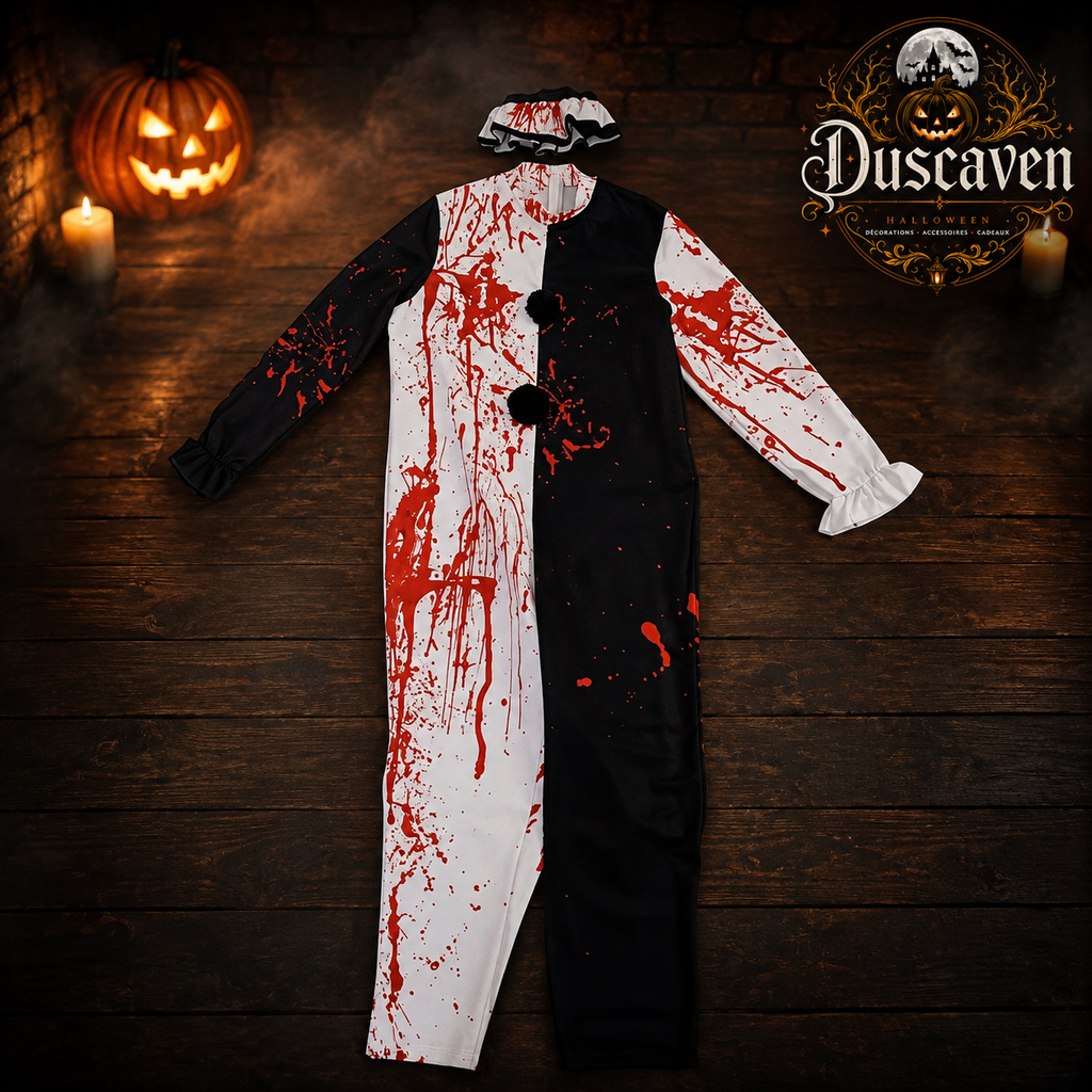 Costume cosplay clown tueur adulte, ensemble complet noir et blanc avec masque, tenue Halloween style horreur