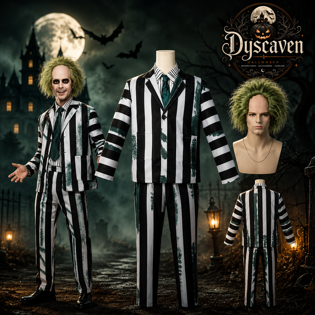 Costume homme à rayures noir et blanc avec perruque, tenue cosplay horreur adulte pour Halloween, carnaval et fête costumée