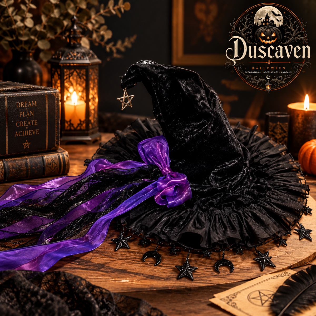 Chapeau de sorcière Halloween en velours noir et dentelle, pendentif lune, accessoire cosplay gothique pour mascarade et fête