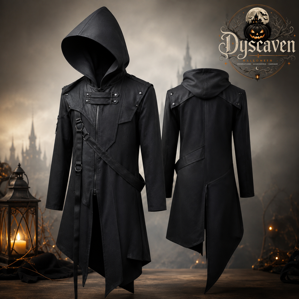 Costume médecin de peste médiéval homme, long manteau noir à capuche avec masque, cosplay Halloween steampunk S à 5XL