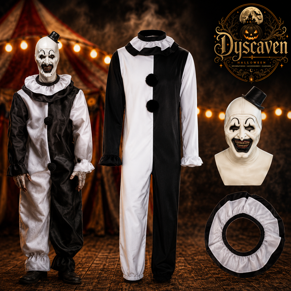 Costume cosplay clown tueur adulte, ensemble complet noir et blanc avec masque, tenue Halloween style horreur