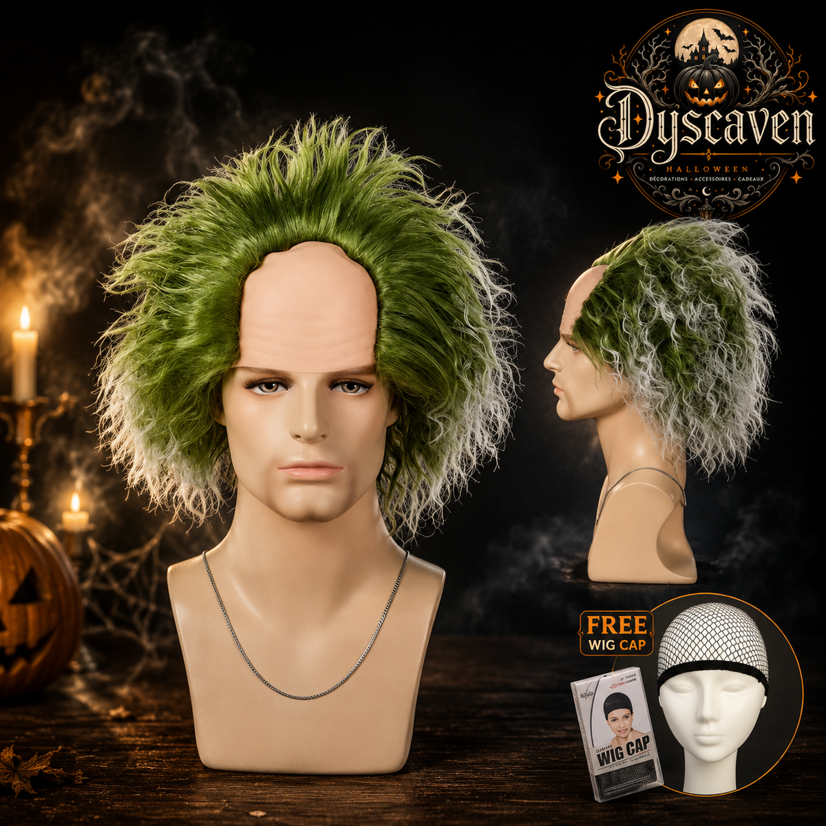 Costume homme à rayures noir et blanc avec perruque, tenue cosplay horreur adulte pour Halloween, carnaval et fête costumée