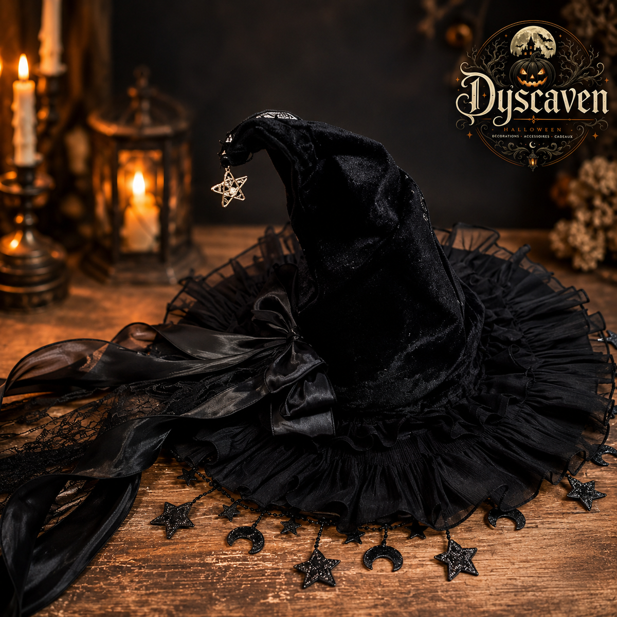 Chapeau de sorcière Halloween en velours noir et dentelle, pendentif lune, accessoire cosplay gothique pour mascarade et fête