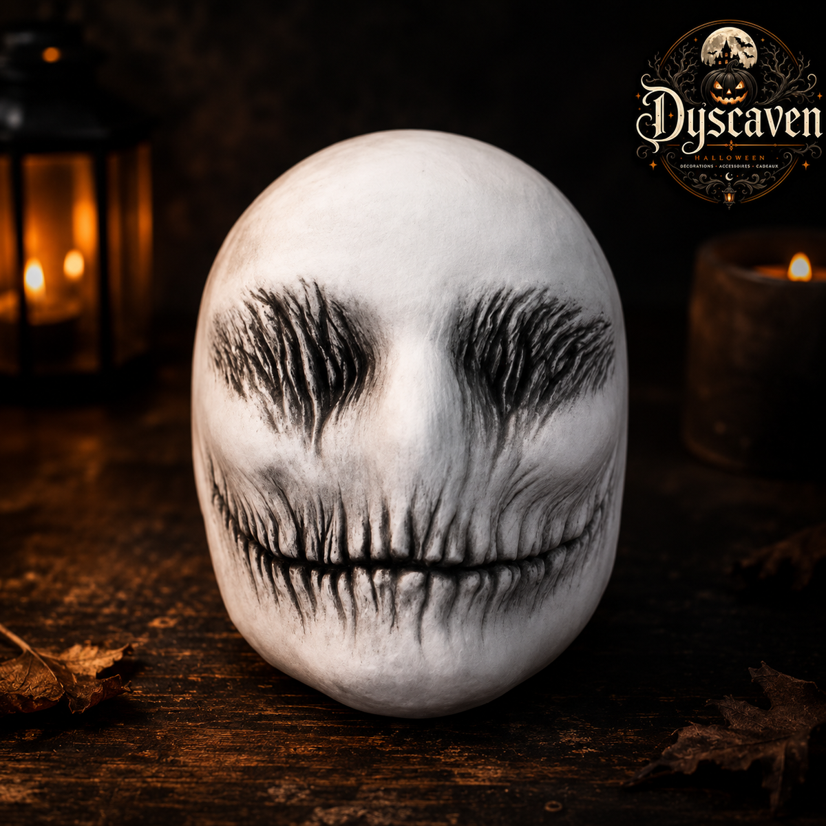 Masque d’horreur blanc en latex, visage fin au sourire inquiétant, accessoire de cosplay et déguisement Halloween