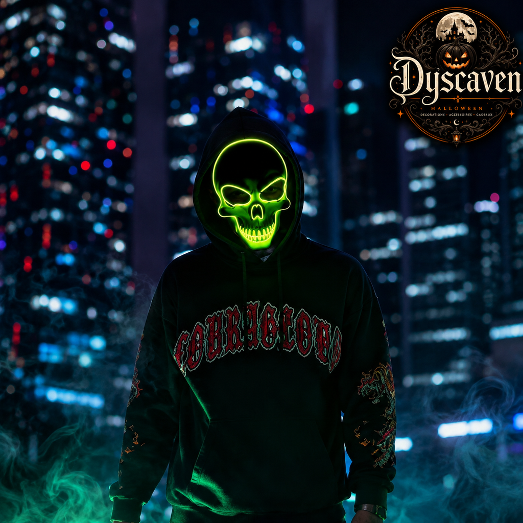 Masque crâne LED Halloween lumineux, masque cosplay d’horreur néon pour fête, déguisement et décoration