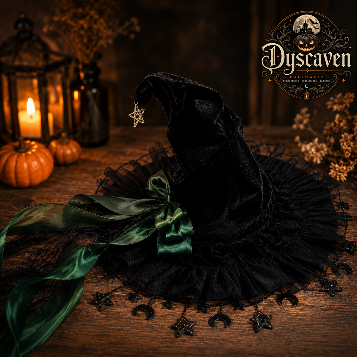 Chapeau de sorcière Halloween en velours noir et dentelle, pendentif lune, accessoire cosplay gothique pour mascarade et fête