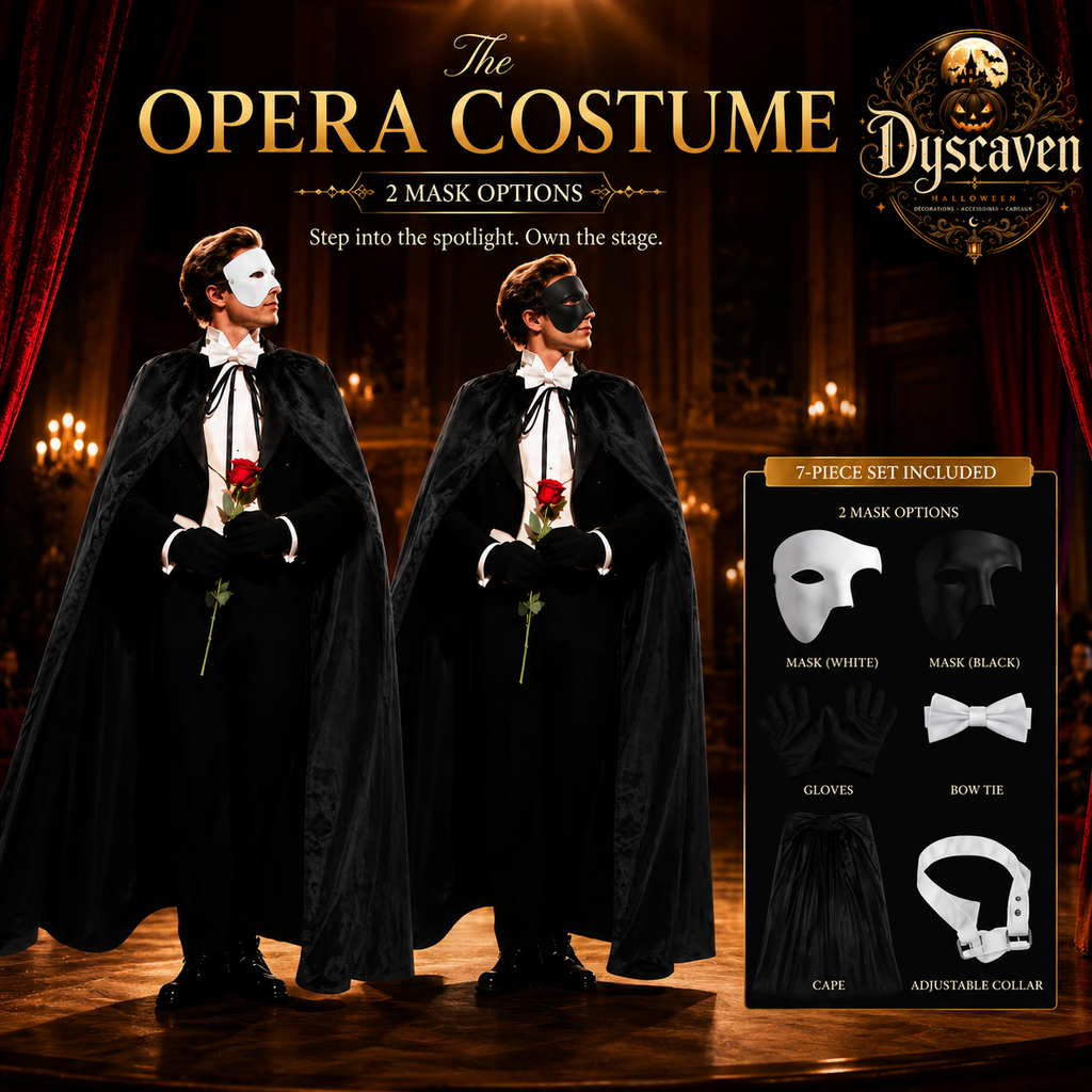 Kit costume fantôme homme avec cape noire, demi-masque, gants et nœud papillon, déguisement Halloween et cosplay