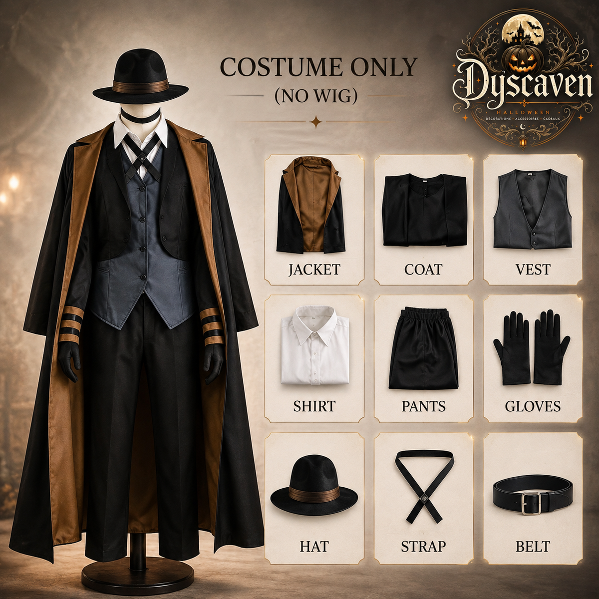 Costume cosplay homme inspiré de Nakahara Chuuya, chapeau, uniforme, trench-coat et pantalon, grande taille, Halloween