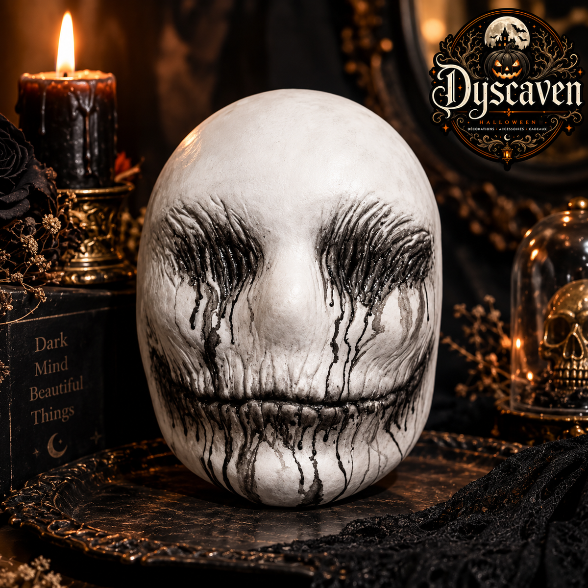 Masque d’horreur blanc en latex, visage fin au sourire inquiétant, accessoire de cosplay et déguisement Halloween