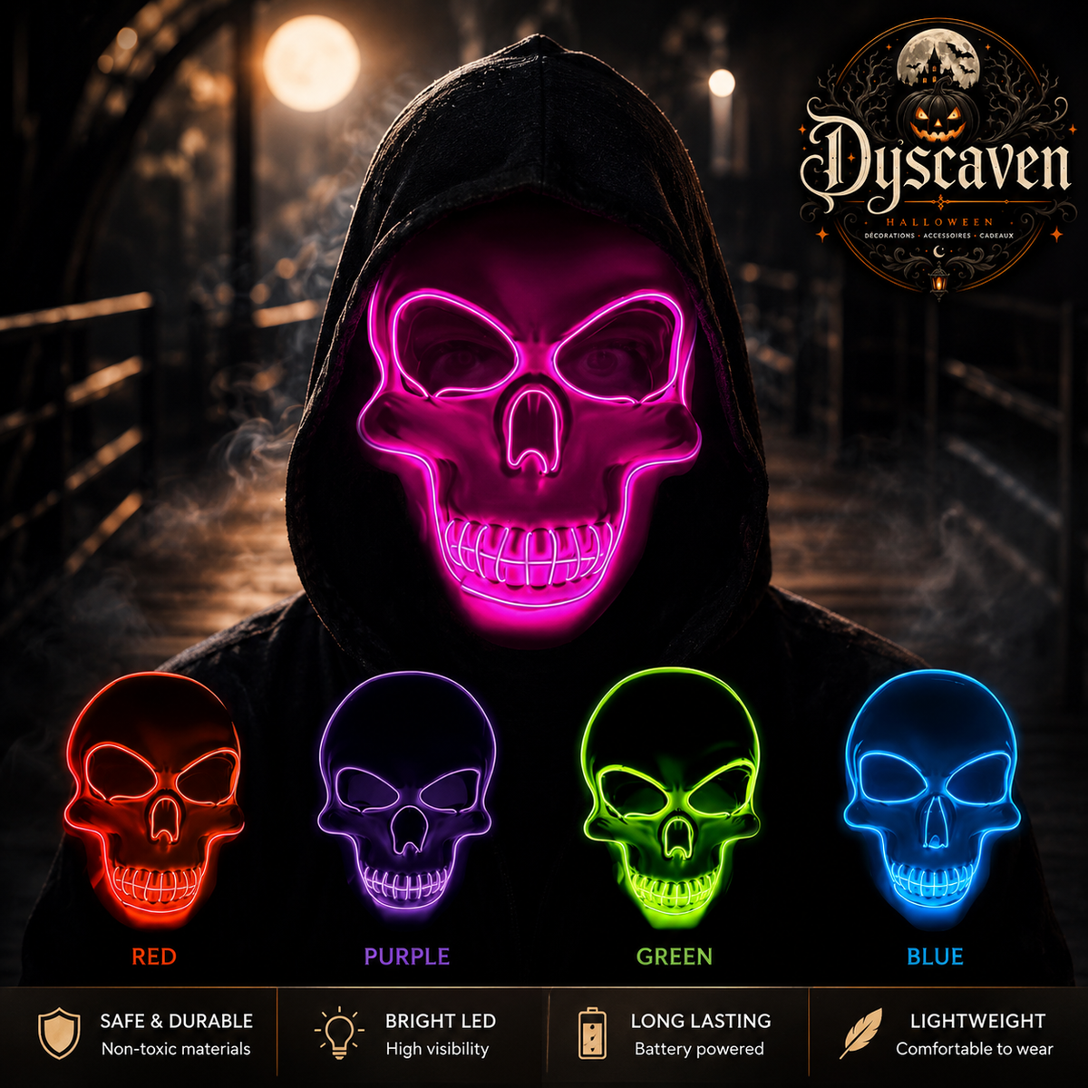 Masque crâne LED Halloween lumineux, masque cosplay d’horreur néon pour fête, déguisement et décoration