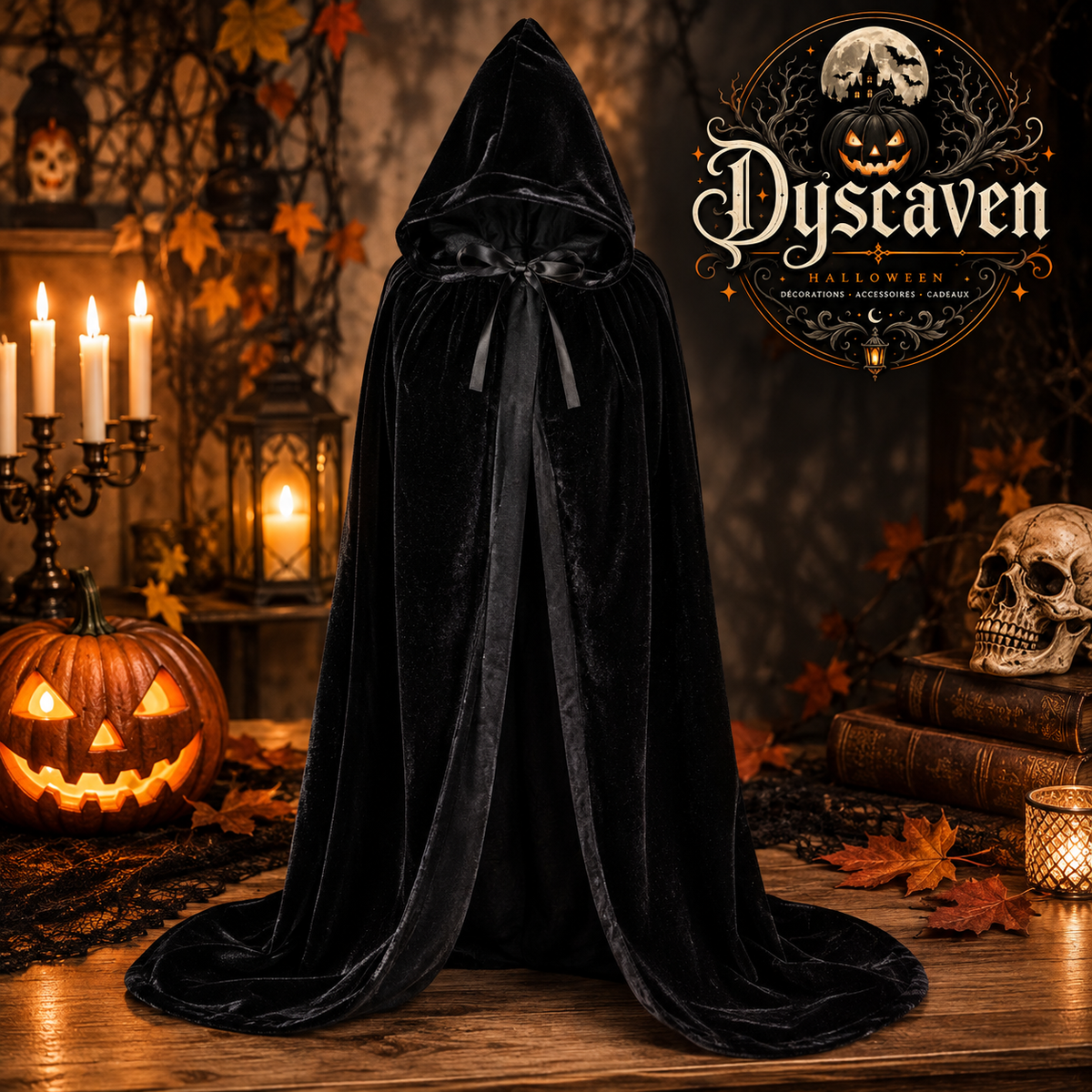 Cape longue en velours noir à capuche, costume médiéval unisexe de sorcière, magicien pour Halloween et Noël