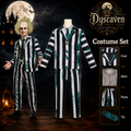 Costume homme à rayures noir et blanc avec perruque, tenue cosplay horreur adulte pour Halloween, carnaval et fête costumée