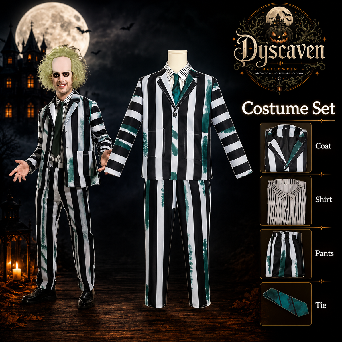 Costume homme à rayures noir et blanc avec perruque, tenue cosplay horreur adulte pour Halloween, carnaval et fête costumée