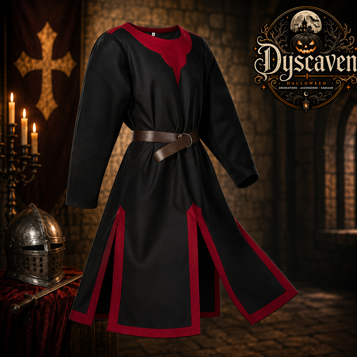 Tunique médiévale homme style chevalier croisé, surchemise Renaissance blanche et rouge, costume cosplay Halloween et LARP