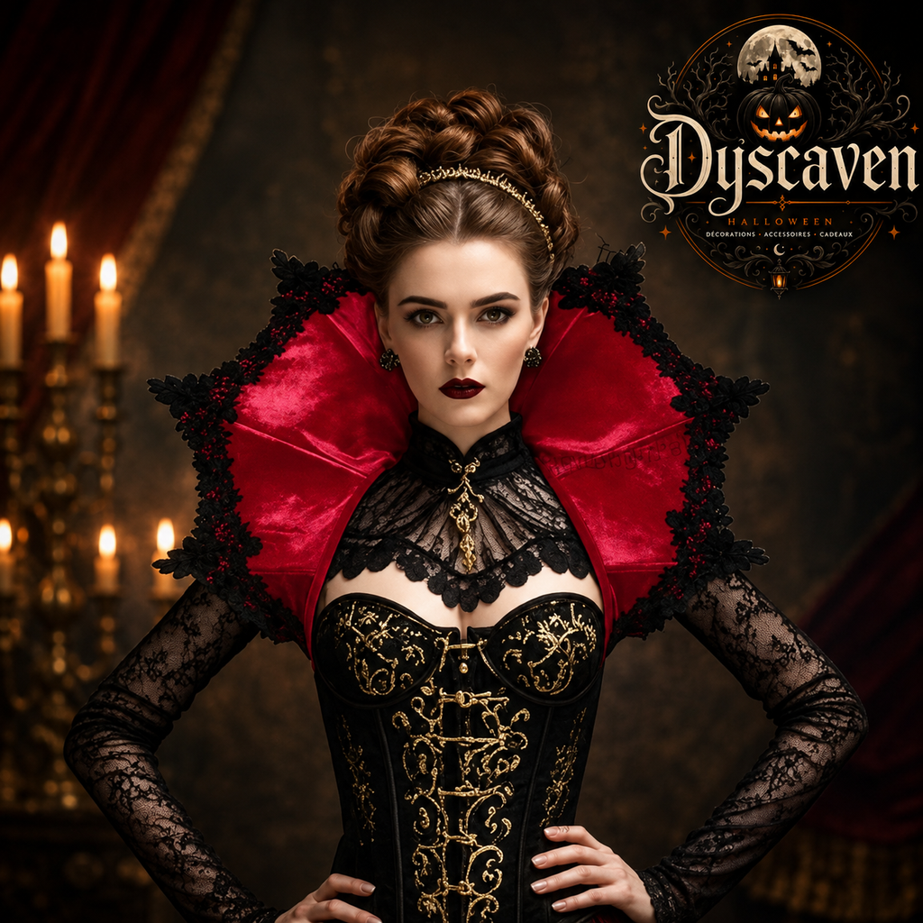 Cape gothique victorienne noire et rouge avec col vampire, accessoire costume femme pour Halloween, cosplay et carnaval
