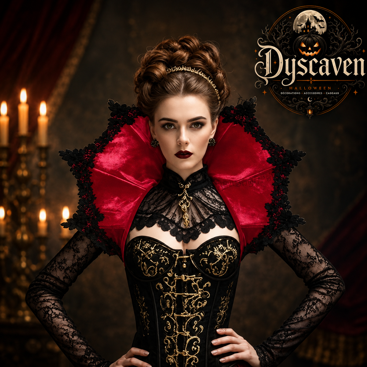 Cape gothique victorienne noire et rouge avec col vampire, accessoire costume femme pour Halloween, cosplay et carnaval